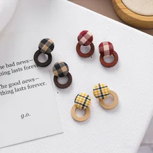 Элегантные серьги-гвоздики деревянные клетчатые бархатные квадратные серьги-гвоздики для женщин ювелирные изделия из ткани
