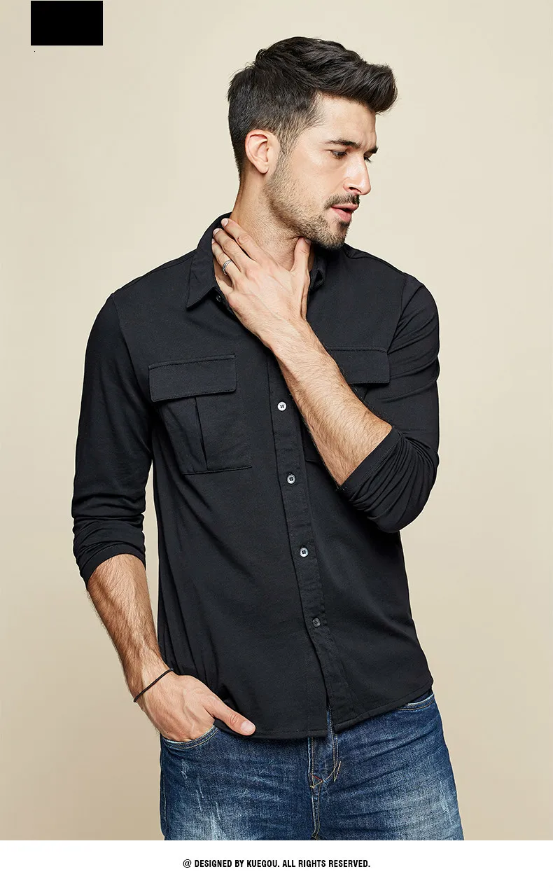 KUEGOU Autumn Cotton White Pocket Shirt Men Dress Button Casual Slim Fit Long Sleeve Male Fashion Brand Blouse 7765