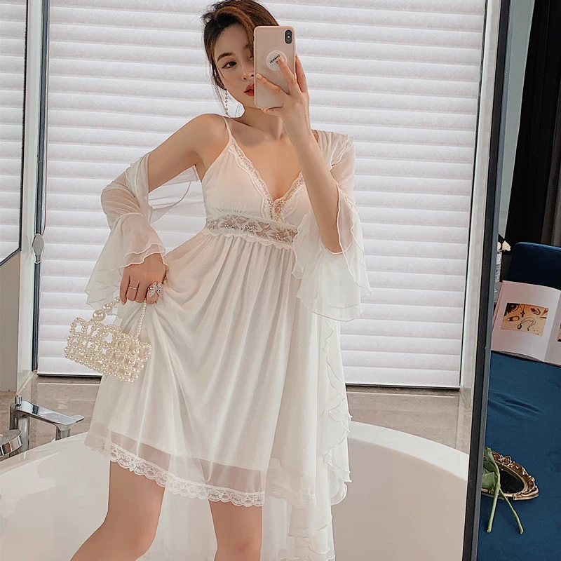 2PCS Lace Kimono Robe Sets With Chemise Nightgown Satin V-Neck Sleepwear Summer Home Dressing Gown Perspective Intimate Lingerie