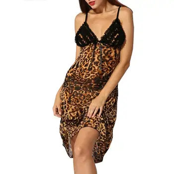 

Sexy Lingerie Women Fashion Leopard Print Nightdress Deep V-neck Camis Long Sleepdress Casual Sleepwear Night Dress vestidos