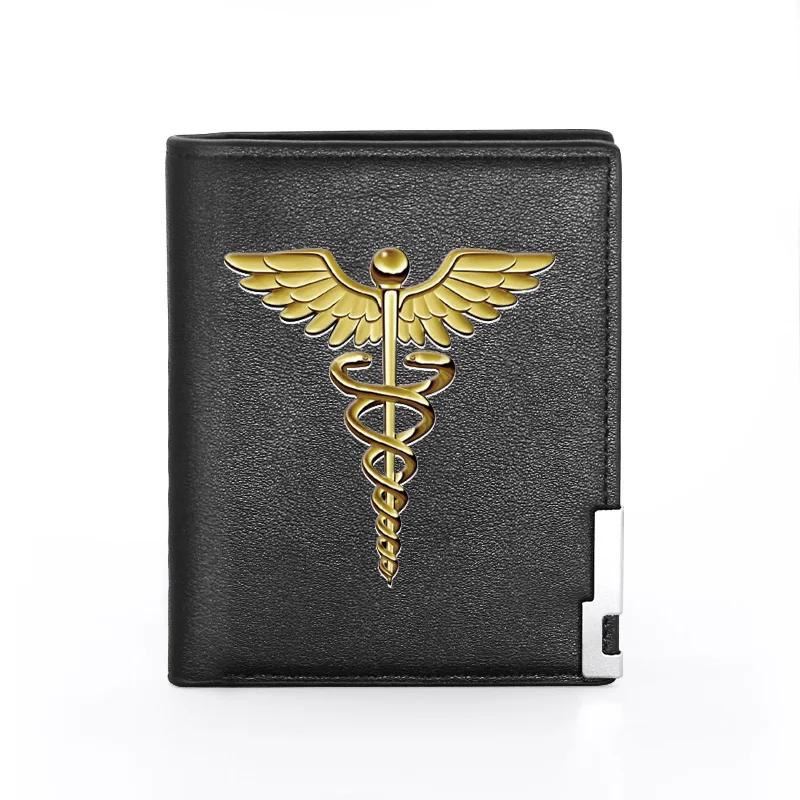 

Classic Fashion Snake Caduceus Medical Symbol Printing Black Leather Wallet Men Women Bifold Credit Card Holder Short Purse Male