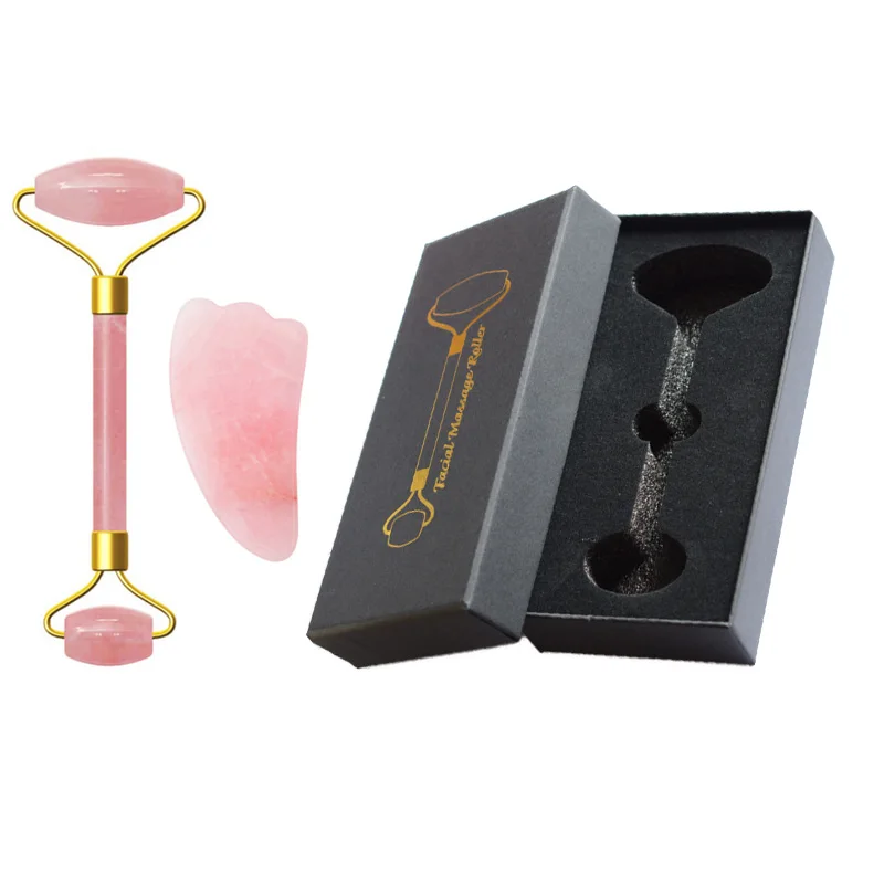 set 1 with box Розовый кристаллический камень нефритовый ролик Набор Массаж подтяжка лица роликовый лицевой массажер для похудения натуральный кварцевый камень инструмент для массажа шеи - Цвет: set 1 with box