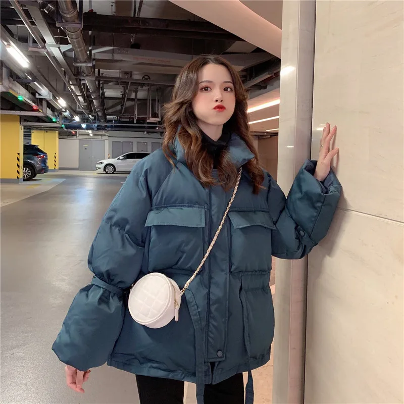 Теплая куртка с поясом на талии Harajuku, уличная одежда, пальто с лентами, зимняя женская толстая стеганая верхняя одежда, куртка с карманами, хлопковые парки