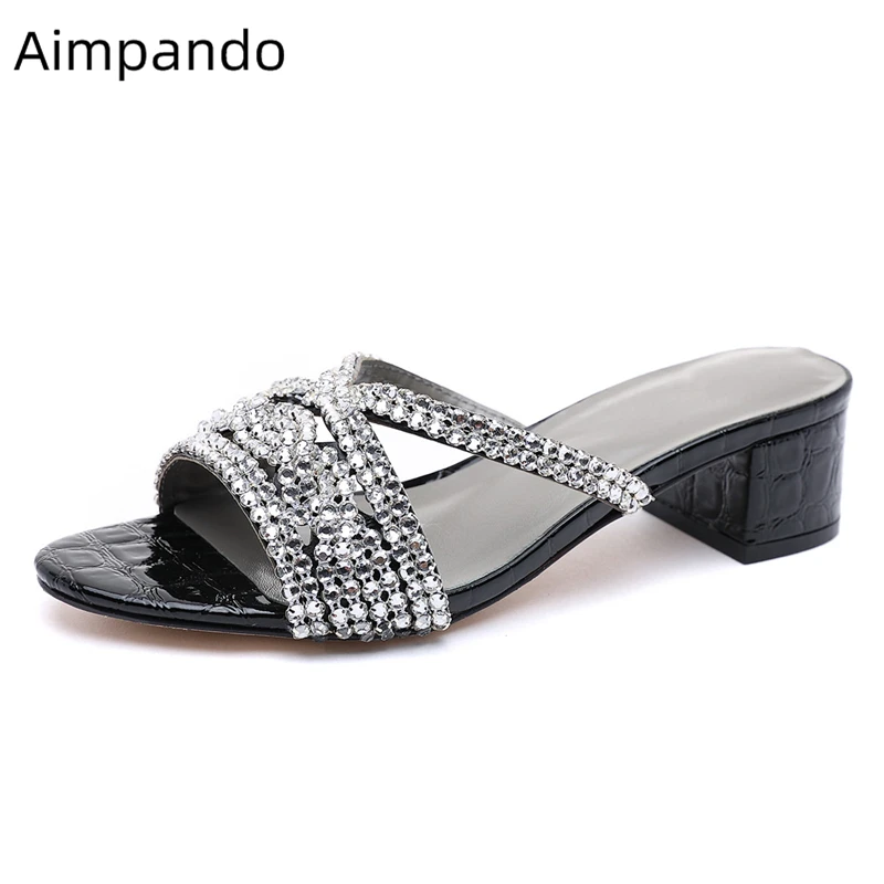 

New Design 2020 Rhinestone Slippers Women Jeweled Chain Peep Toe Square Heels Gladiator Mules Glitter Party Shoes Woman