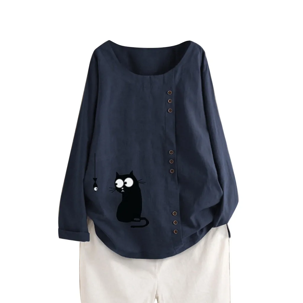 Новейшая женская блузка с принтом кошки и рыбы, длинный рукав, хлопок и лен, кафтан, Дамская мешковатая рубашка с принтом кота, топы размера плюс M-5XL