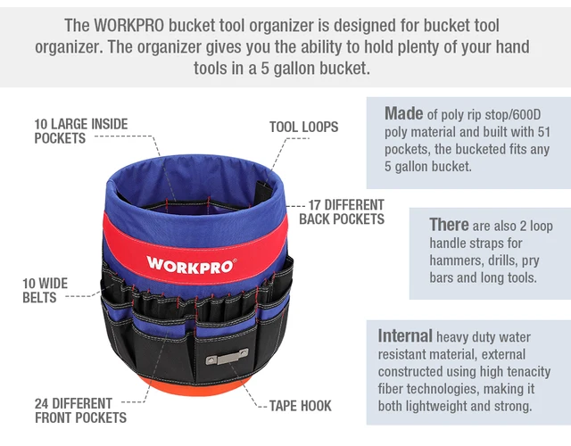 WORKPRO – sac à outils avec 51 poches, adapté à un seau de 3.5 à 5 gallons, organisateur  d'outils, ceinture, (outils et seau exclus) - AliExpress