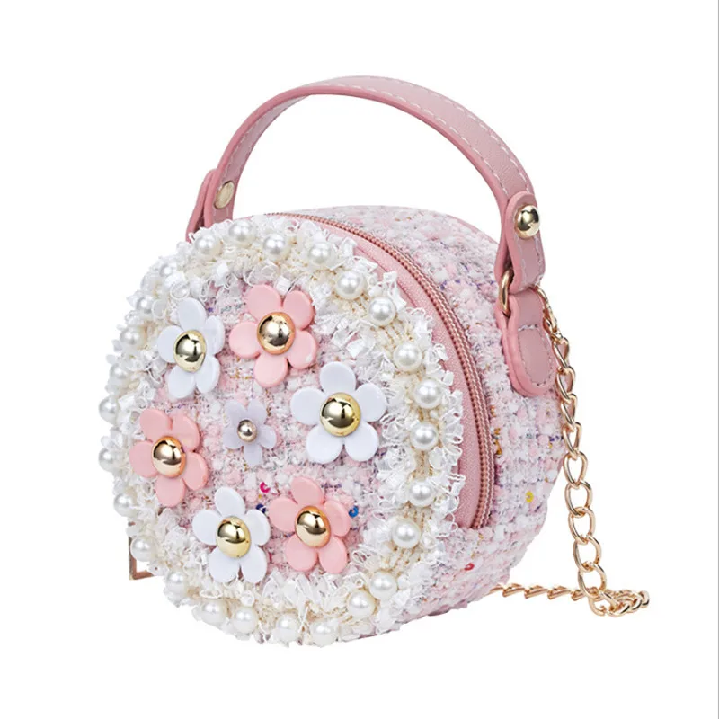 Детские сумки принцессы для девочек с цветами и жемчужинами; сумки-мессенджеры для маленьких девочек; сумки через плечо; сумки на молнии; подарки; аксессуары для малышей - Цвет: Розовый