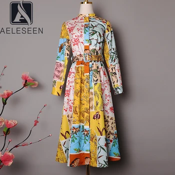 

AELESEEN Runway Fashion Women Dress 2020 Spring Autumn Long Sleeve Flower Print Designer Midi Belt Dress Vestidos