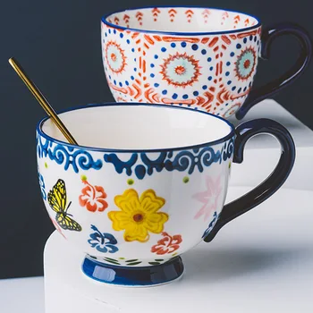 

Europe Hand-painted Ceramic Cup Creative Coffee Mug with Lid Scoop Large Capacity Household Yogurt Mugs Office Milk Oatmeal Cups