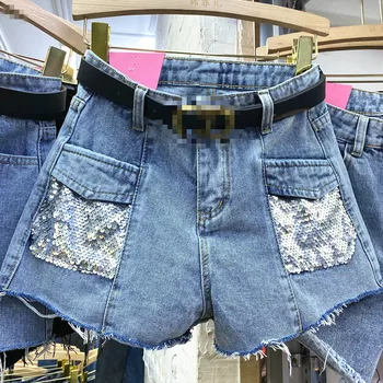 

Fashion Holes Denim Shorts Women's 2020 Spring Summer New High-waisted Loose-Fit Sequin Jeans Straight-Cut Shorts Lady Hot Pants