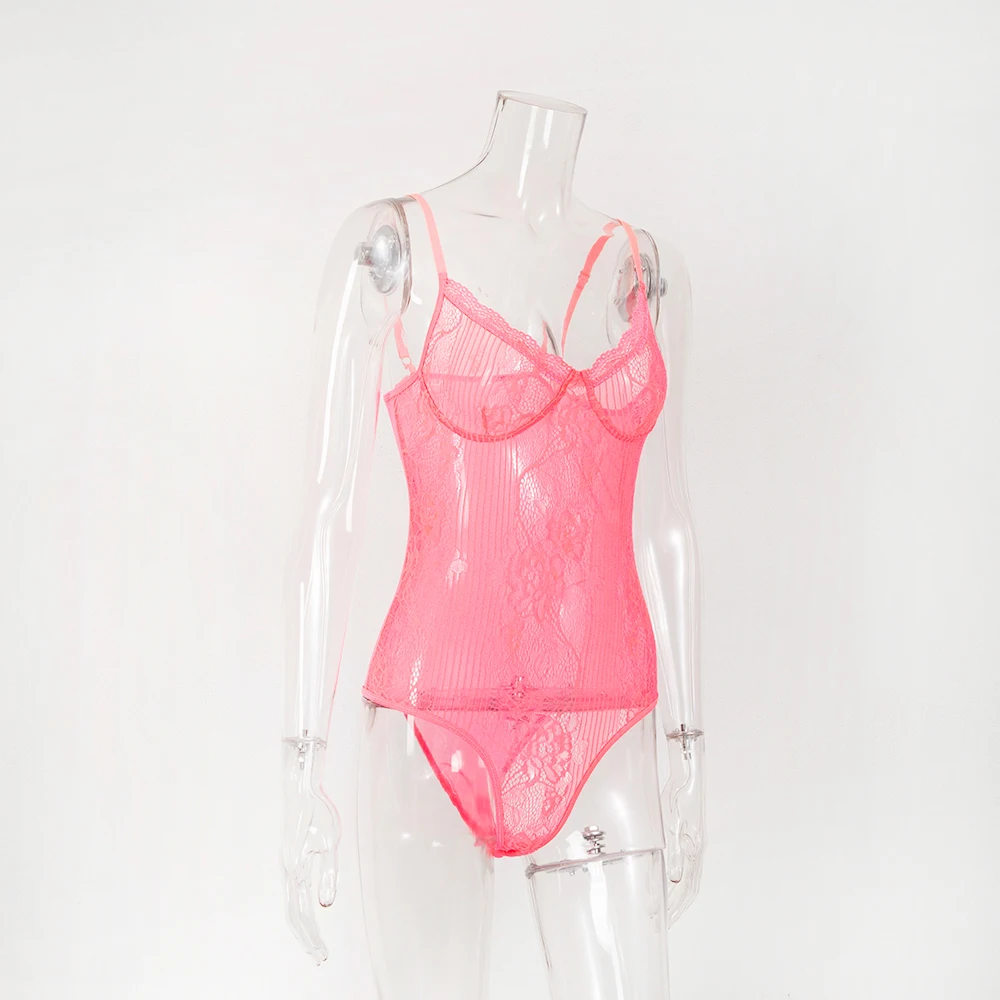 Криптографическое ярко-розовое Сексуальное Кружевное боди с открытой спиной из прозрачной кружевной сетки, женские комбинезоны, обтягивающие неоновые модные боди на бретелях