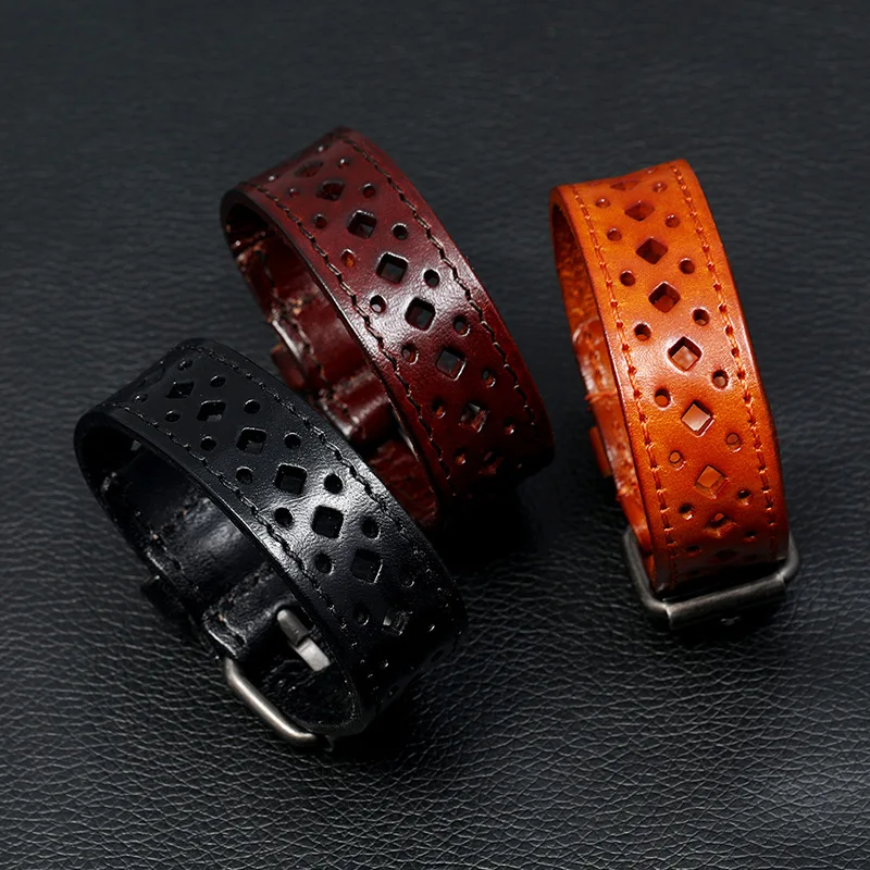 Jewelry Wide Wristband Design Retro Hollow Genuine Leather Bracelet leather bracelet