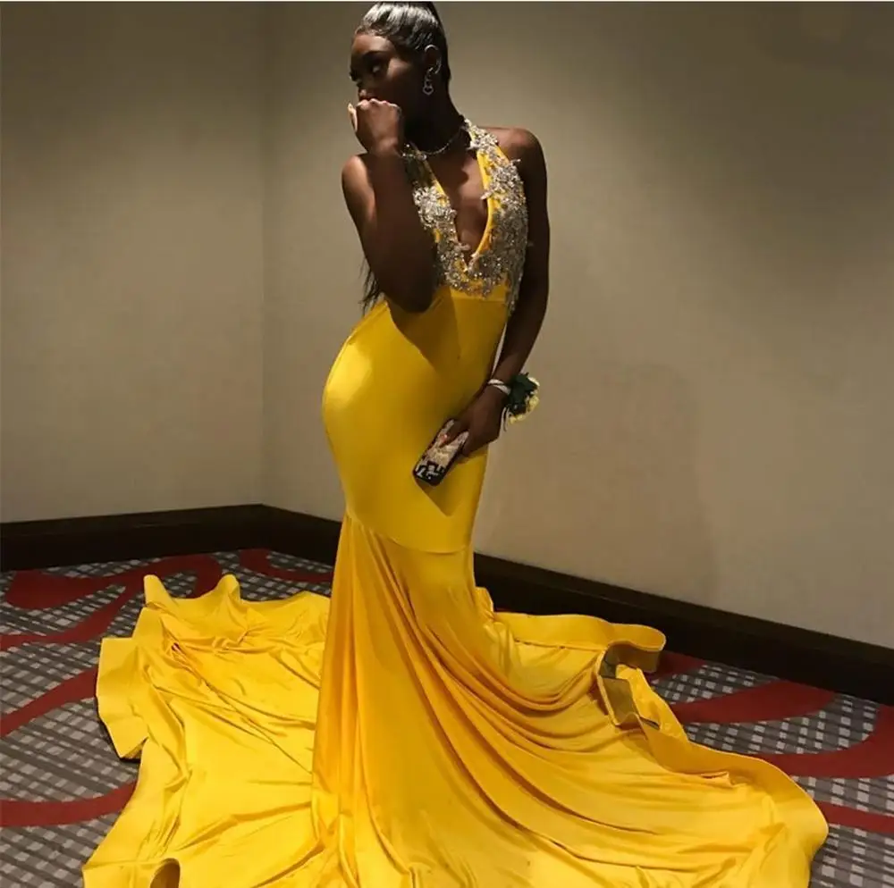 Prom Dress African Mermaid Sexy Long Yellow Prom Dress V-neck Floor Length Lace Sweep Train Prom Gown Special Occasion
