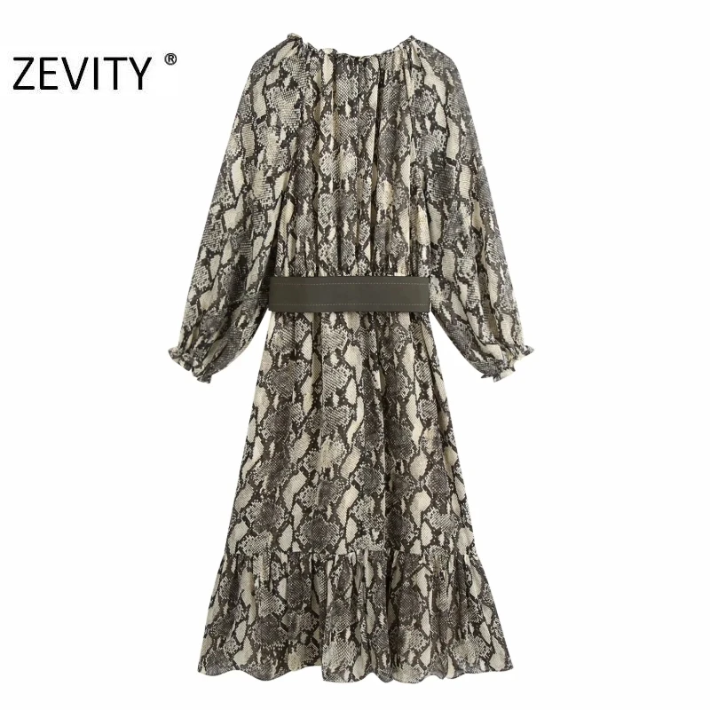 ZEVITY women vintage snake skin print sashes midi dress female animal texture pleated ruffles kimono vestido chic dresses DS4474