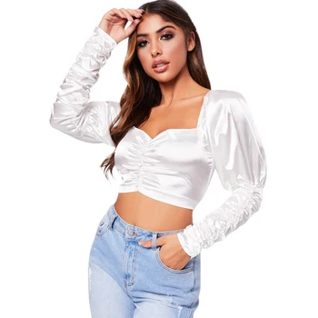 

Sexy Women Shirt Clothes Print T-shirt Puff Sleeve Slim Stretch Solid Casual Short Tops Camiseta Manga Larga Mujer.w
