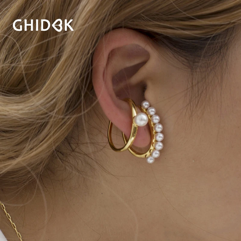 

GHIDBK New Trendy Fake Pearls Demo Cartilage Earrings Minimalist Statement Earring Clips Women Irregular Street Style Earcuffs
