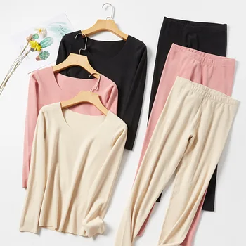 

Thermal Underwear Set Double Sided Slim Low Neck Bottoming Shirt Thermal Wear Women Sous Vetement Femme Body Warmer Women