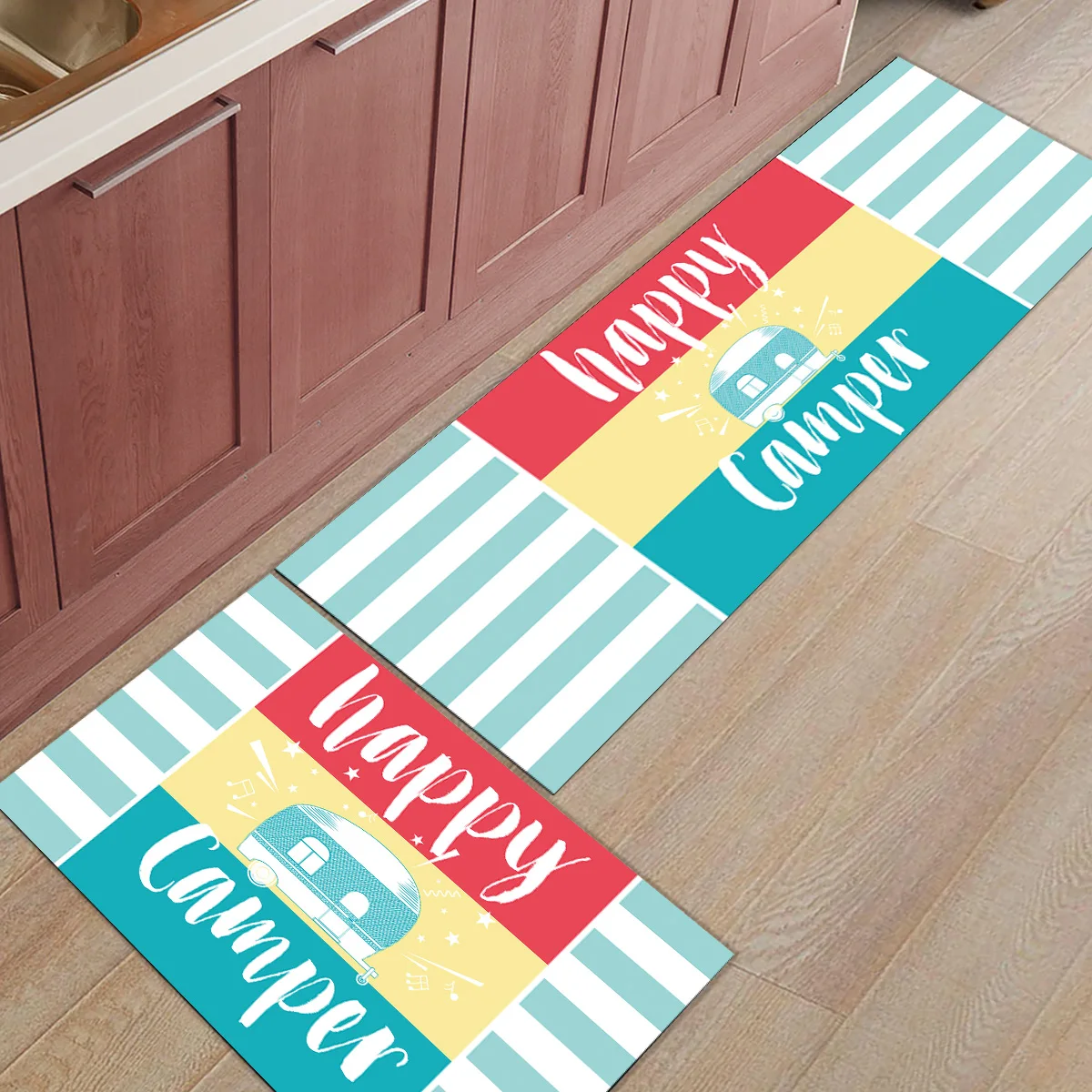 Осенний стиль Забавный Кемпинг с светло-голубыми и белыми полосками 2 шт. коврик для кухни аксессуары для ванной комнаты Набор грязи мусора грязи
