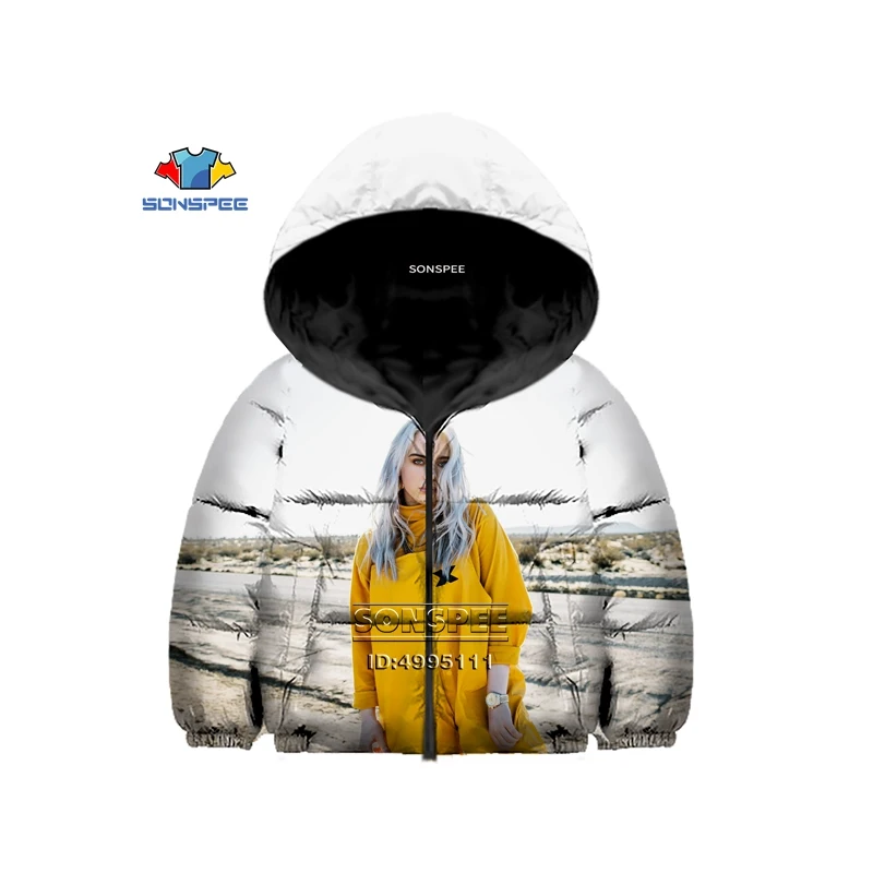 Billie Eilish/Американский юный певец, детский зимний пуховик с 3D принтом хлопковая куртка с капюшоном, теплое пальто тонкое хлопковое пальто для мальчиков и девочек