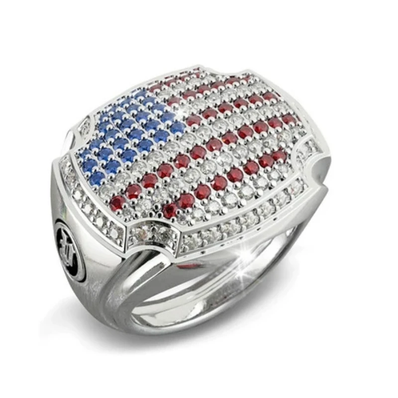 Luxury Women & Men America National Flag Blue and Red Zircon Wedding Band Rings for Bridal Ring Set Size 6-12