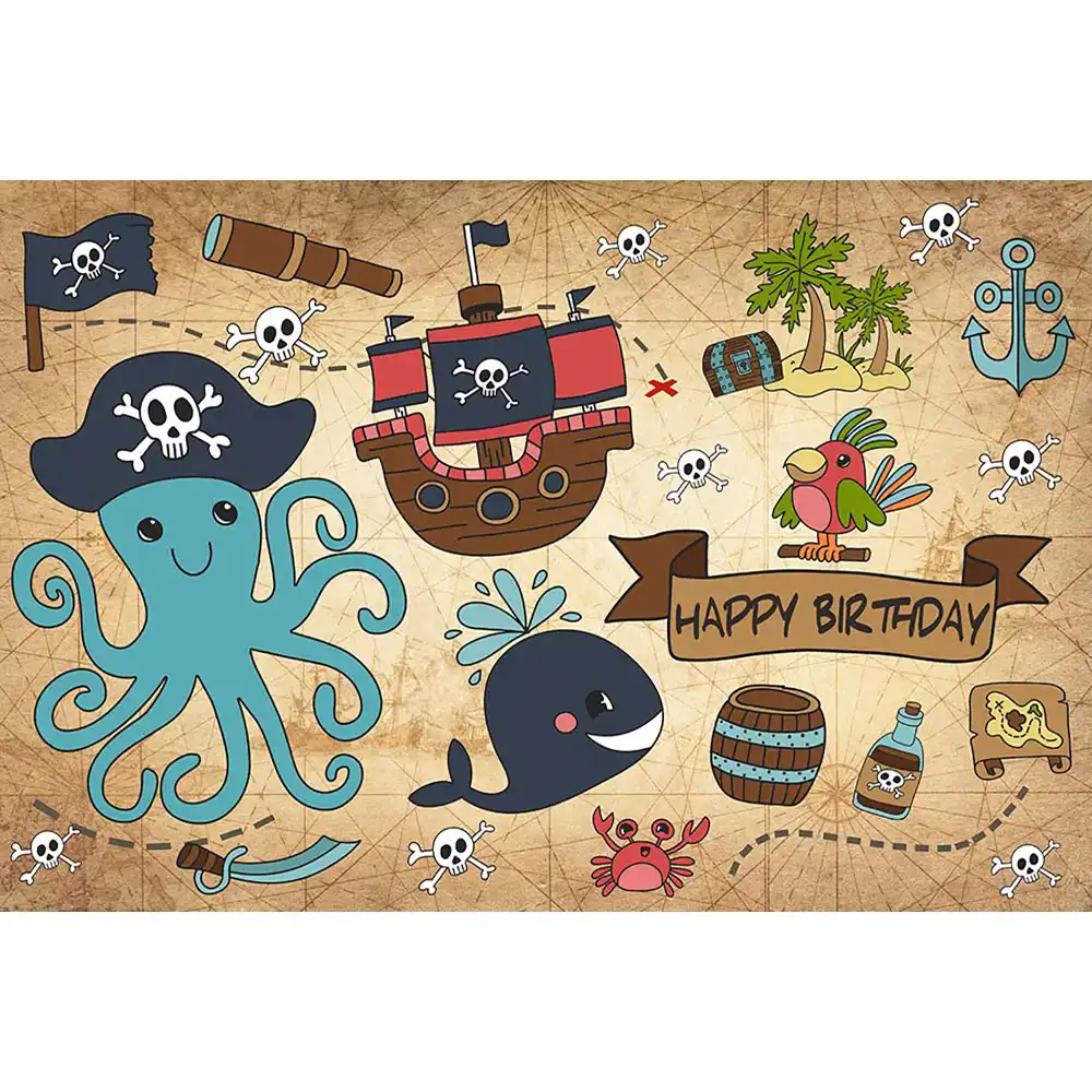 Joyeux Anniversaire Toile De Fond Pour La Photographie Photocall Pirates Des Caraibes Aventure Theme Anniversaire Arriere Plan Poulpe Baleine Aliexpress
