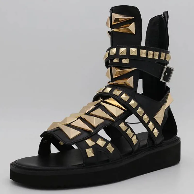 Mens Gladiator Sandals Hollow Platform Rivets Punk Sandals Genuine Leather Summer Ankle Boots Plus Size Black Beach Sandals