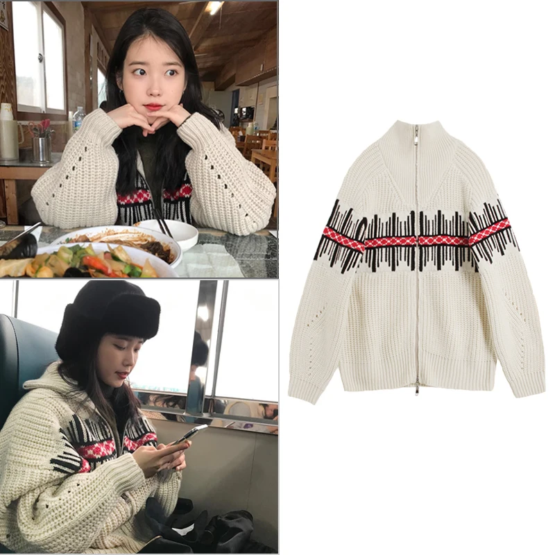 

Kpop Korean Singer Concert Casual Knitted Cardigan Sweater Women Warm Streetwear Harajuku Loose Coats Female Turtleneck Knitwear