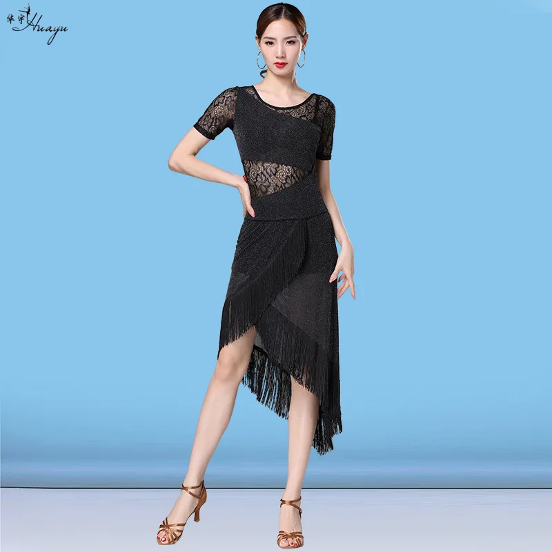 

Huayu 2019 New Style Spring And Summer Lace Joint Silver Tassels Dress Latin Dance Performance Costume Women's Adult