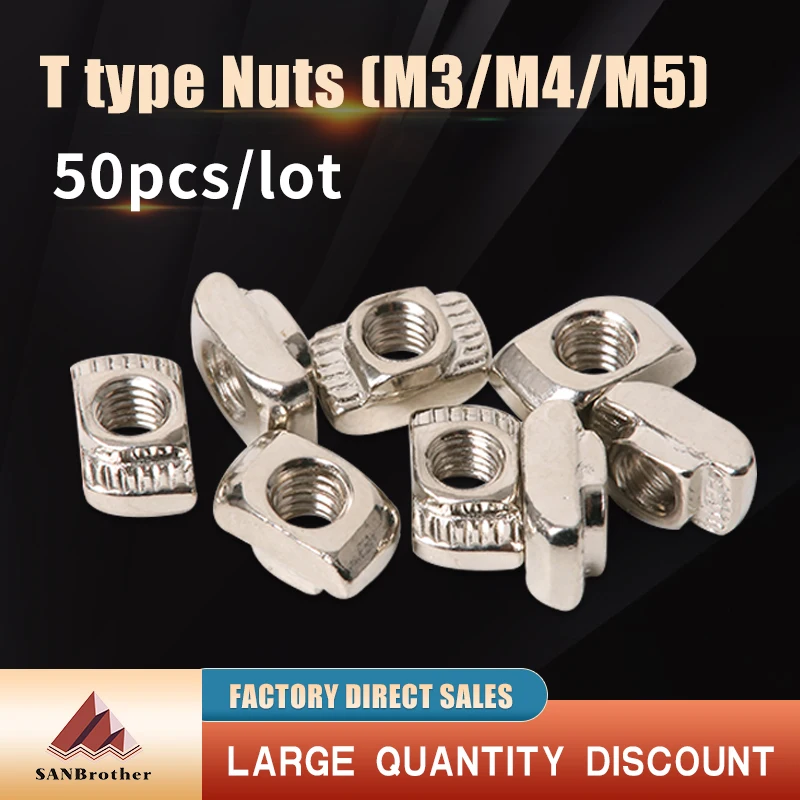 50pcs/lot 3D Printer Parts M3/M4/M5 Carbon Steel T type Nuts Fastener Aluminum Connector For 2020 Industrial Profile