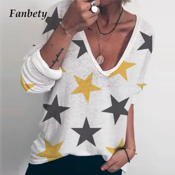

Autumn Elegant Star Print Women Tee Shirt Spring Sexy V Neck Long Sleeve Tops 2020 Lady Casual Clothing T Shirts Streetwears 3XL
