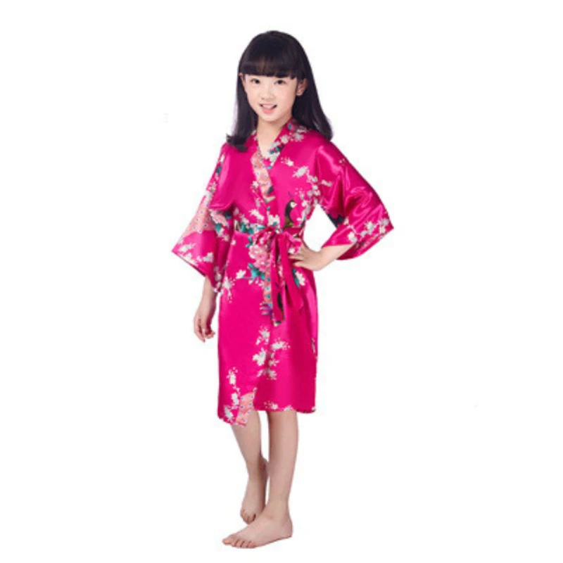 Child's Satin Kimono Robes for Girls Sleepwear Peacock Flower Robe for Spa Wedding Birthday Gift L274