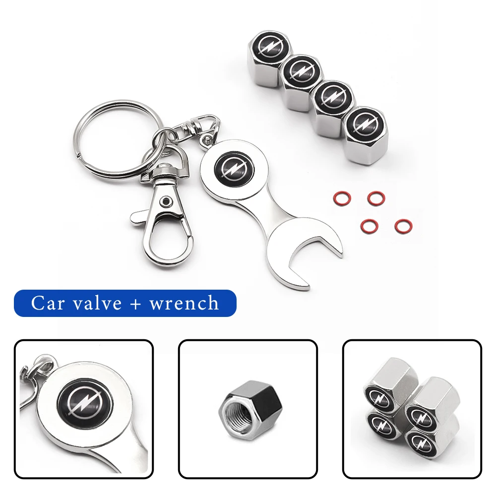 

4 PCS Car Tire Valve Stem Air Caps Cover + (1pcs) Keychain Car Mini Wrench Keychain Fit for Opel OPC Astra Andra Invica Zafira
