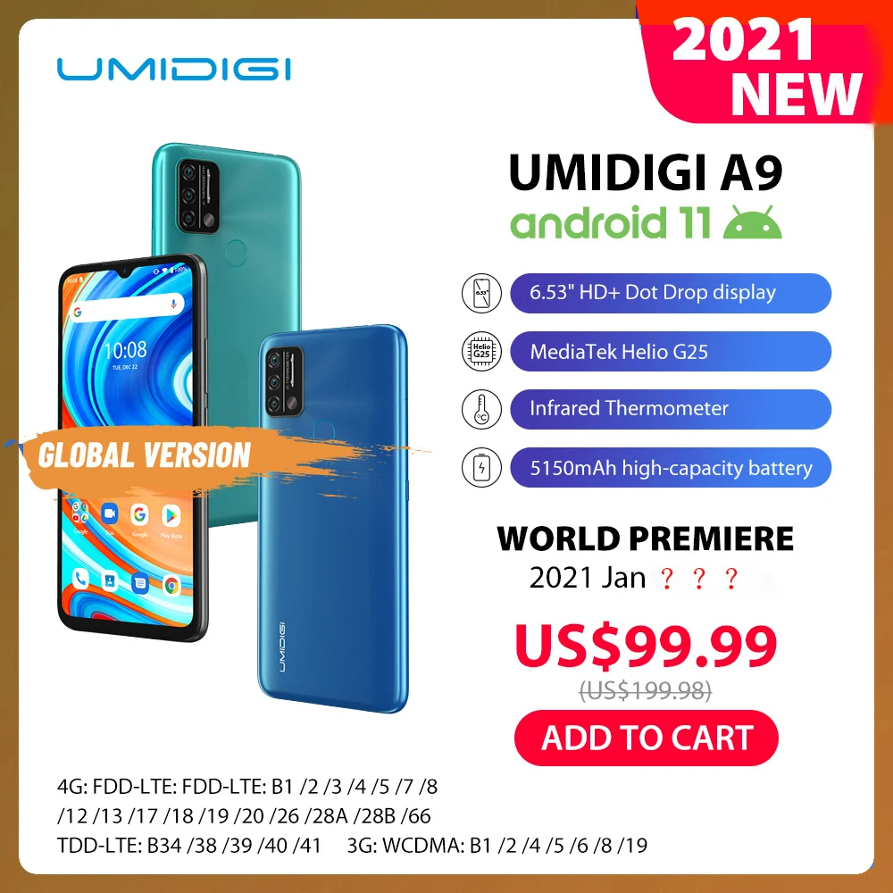 Umidigi-teléfono inteligente A9, teléfono móvil Android 11, versión Global, Triple Cámara ia de 13,0mp, 3GB RAM, 64GB rom, procesador Helio G25, Octa Core, pantalla HD de 6,53 pulgadas, batería de 5150mAh
