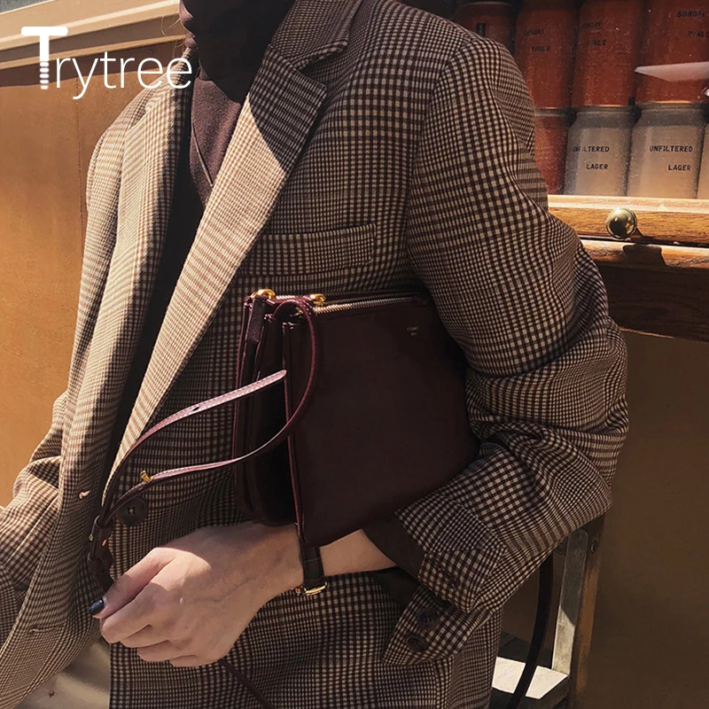 Trytree Autumn Winter Women Casual Coat Vintage Turn-down Collar Single Breasted Plaid Pockets Fashion Office Lady Suit Coat