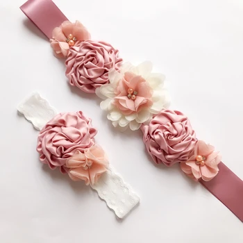 

Rose Flower Bridal Belts Crystal Women Rhinestone Sash And Headband Wedding Party Bride Bridesmaid Satin Belt Dress Accessories