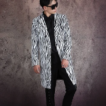 

Streetwear Hip Hop Stage Show Outerwear Men Zebra Pattern Single Button Slim Fit Long Suit Jacket Blazer Coat Male
