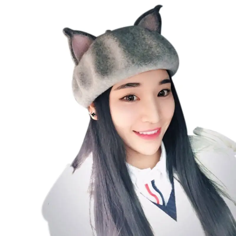 Женские береты в стиле ретро с милыми лисьими ушками, шерстяная Смешанная Повседневная теплая шляпа художника ручной работы, берет с кошачьими ушками, шапка, горячий подарок - Цвет: Light Gray