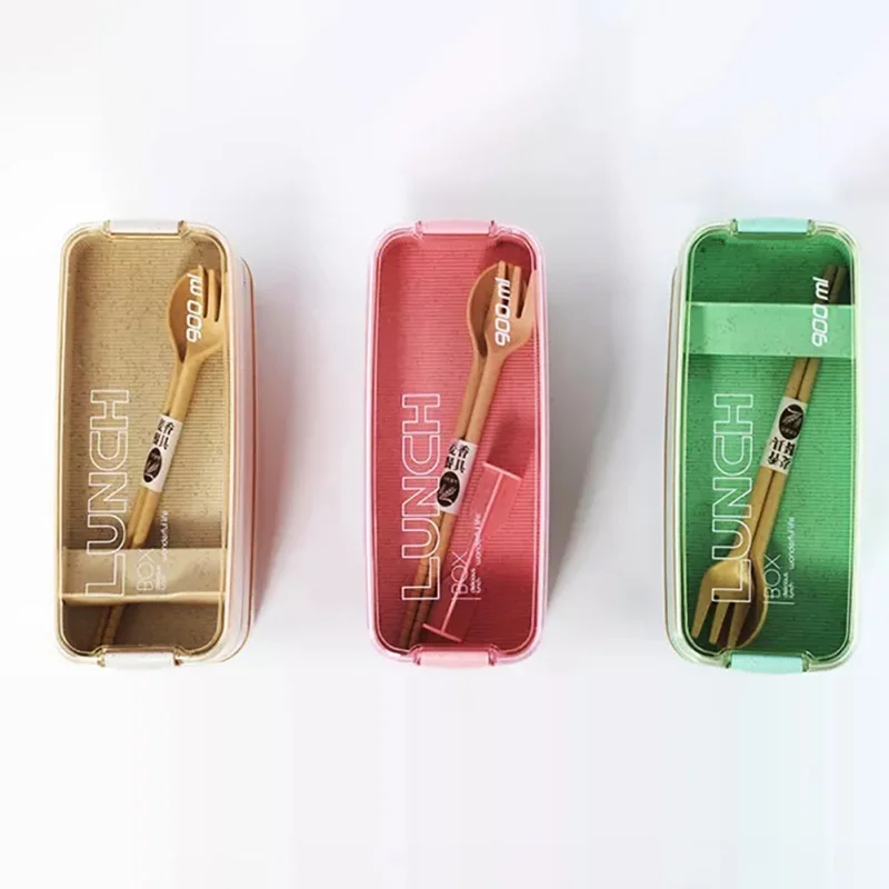 

Household Portable Rectangle Shape Lunch Box Concise Three-Layer Plastic Hand Held Microwave Lunch Box With Fork Spoon