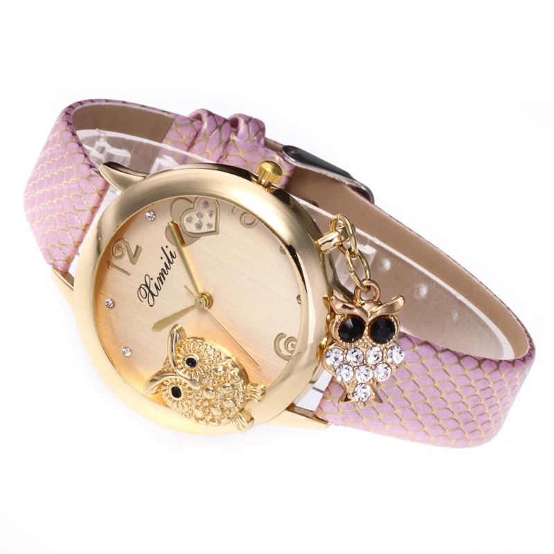 Новые модные женские часы с кристаллами Сова Полые кварцевые наручные часы кожаный браслет Подвеска женские часы relogio женские часы