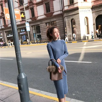 

COIGARSAM Office Lady Full Sleeve Women Long dress New Winter Korea Style Knitting Solid Dresses Blue Haze 0919