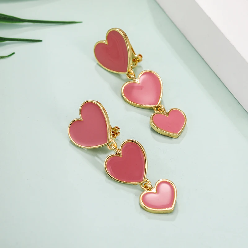 Enamel Long Heart Clip on Earrings Non Pierced for Women Six Color Metal Gold Ear Clips New Fashion ear clip earrings,clip earrings,ear clip