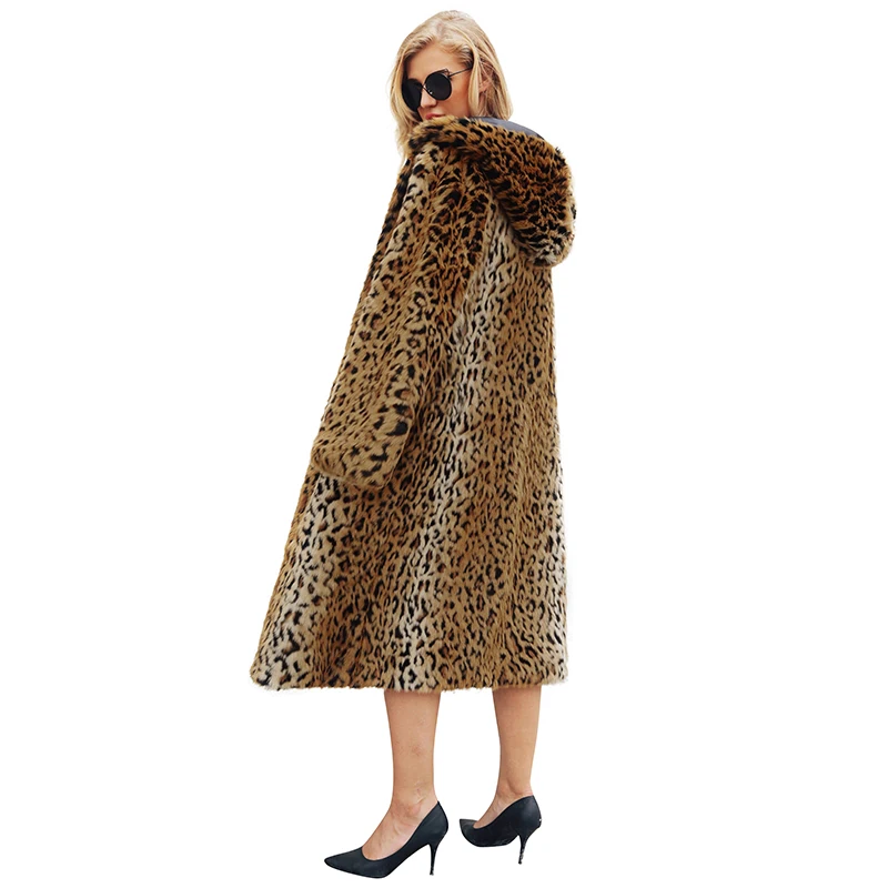 Осень и зима новая мода горячая распродажа женское теплое пальто из искусственного меха куртка леопардовая с капюшоном Длинная плюс Размер 6XL верхняя одежда