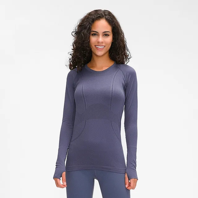 Lulu Fitness Women's Sports Long Sleeve Yoga Shirt Top Round Neck Blouses Slim Breathable Gym Clothing Thumb Jack Custom Logo Lavender  grey