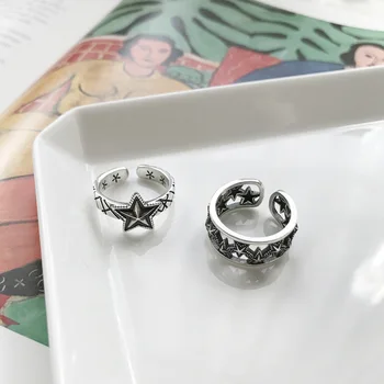 

S925 Sterling Silver retro European and American rock art style 5 Pointed Star Pentagram open ring two Styles To Choose