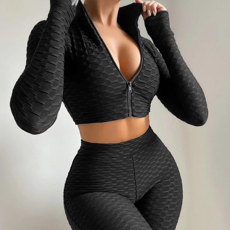 2 Pieces Jogging Yoga Suit Set Femme Solid Color Stand Collar Long Sleeve Crop Tops with Zipper+ Short Pants ladies coat pant suit