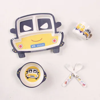 

5Pcs/Sets Baby Bamboo Fiber Dinner Set Children Feeding Tableware Forks And Spoons Portable Dishes For Kids Lovely Baby Bowl