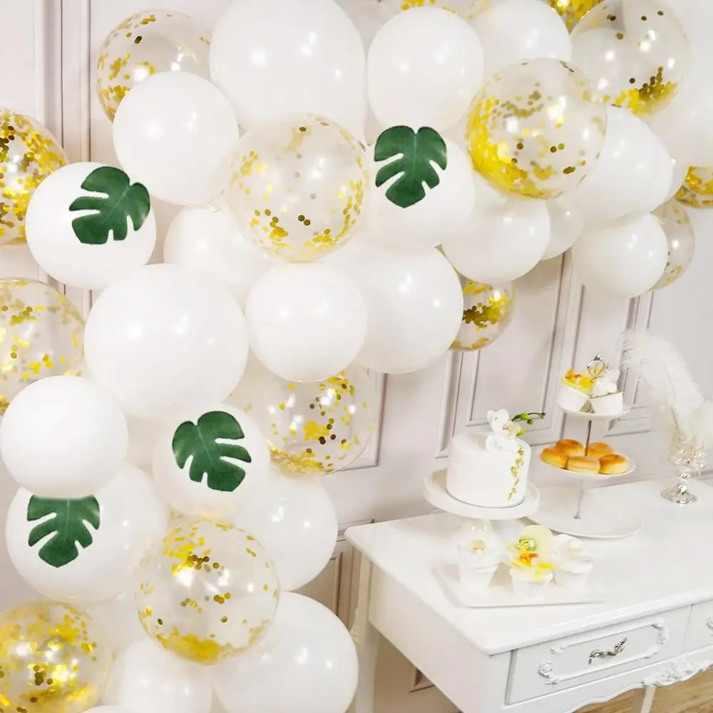 Huiran, 114 шт, белые шары с золотыми конфетти, для свадьбы, дня рождения, вечеринки, декор для малышей, вечерние принадлежности для мальчиков и девочек, тропические вечерние украшения