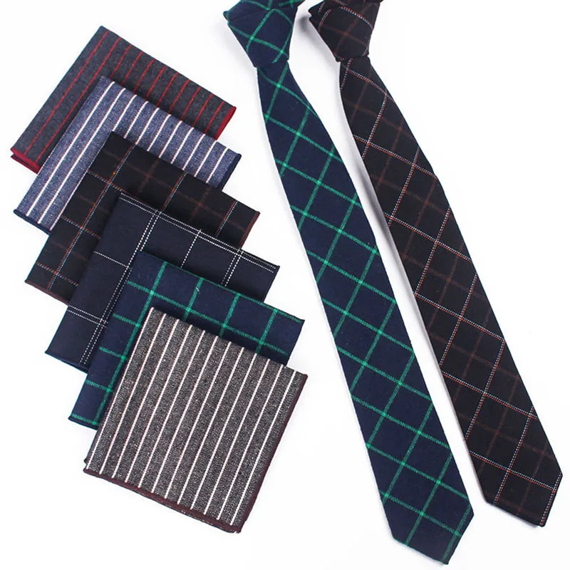 GUSLESON Classic Cotton 6cm Tie Set For Men Plaid Stripes Neck Tie Handkerchief Set for Cravate Man Corbatas Hombre Slim Wedding