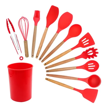 

11pcs Home Kitchen Utensils Set Cooking Tools Tongs Frying Silicone Spatula Scratch Proof Restaurant With Storage Barrel Hanging