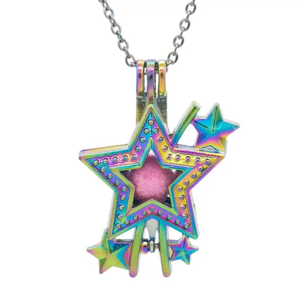 

REYOW 1pcs Rainbow Punk Stars Oyster Pearl Bead Cages Pendant Essential Oil Diffuser Locket Jewelry Necklace DIY
